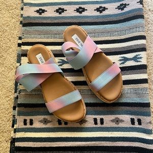 Steve Madden Cotton Candy Ombre Cork Flatform Wedge Stretch Strap Sa…